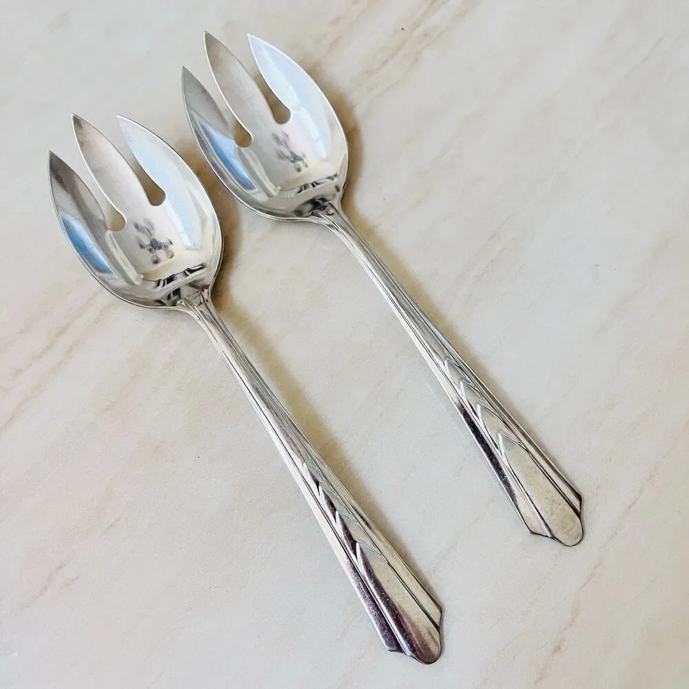 Pair of EKCO EKS7 3TINE Stainless Pierced Tablespoon Serving Spoon Glossy USA